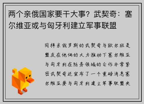两个亲俄国家要干大事？武契奇：塞尔维亚或与匈牙利建立军事联盟
